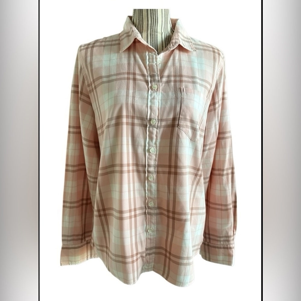 JCrew pink & white large long sleeve button down top front pocket plaid